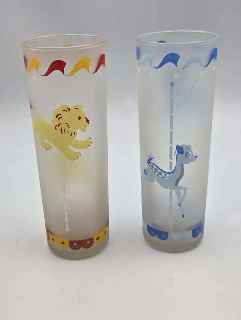 Libbey Frosted Carousel Tumblers Lion & Deer/Fawn Glass 7” Set Of 2